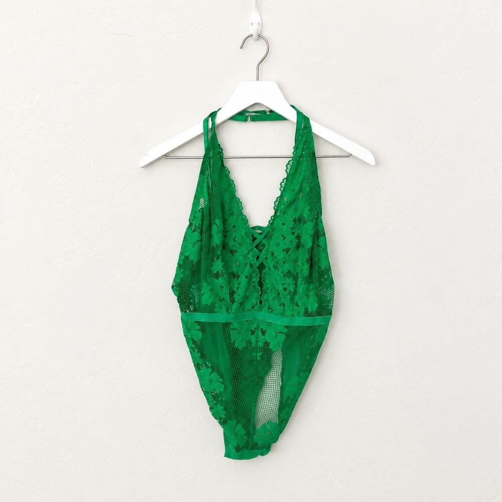 Cacique Bright Green Lace Halter Bodysuit 14/16 Plus Rave Festival Lingerie